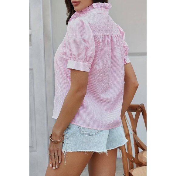 Pink Striped Shirt Button Down Puff Sleeve Blouse Ruffle Trim On Front & Collar - Picture 3 of 4